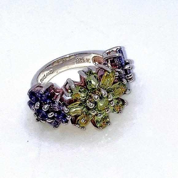 STERLING Amethyst Peridot Cocktail Silver Ring Huge 3 Flower Sz 5 Vintage - Picture 1 of 11